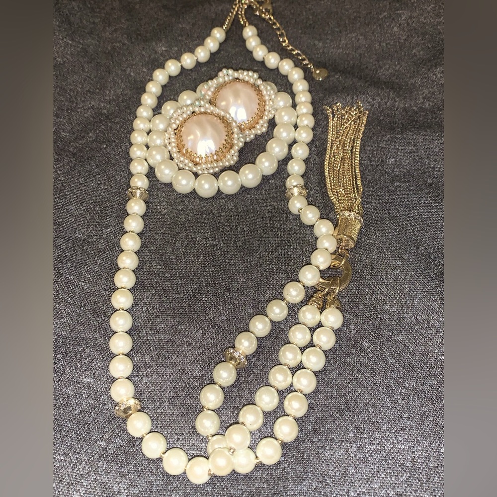 Charter Club Jewelry Set Pearl Rhinestones Necklace Fringe Bracelet Earrings Vtg